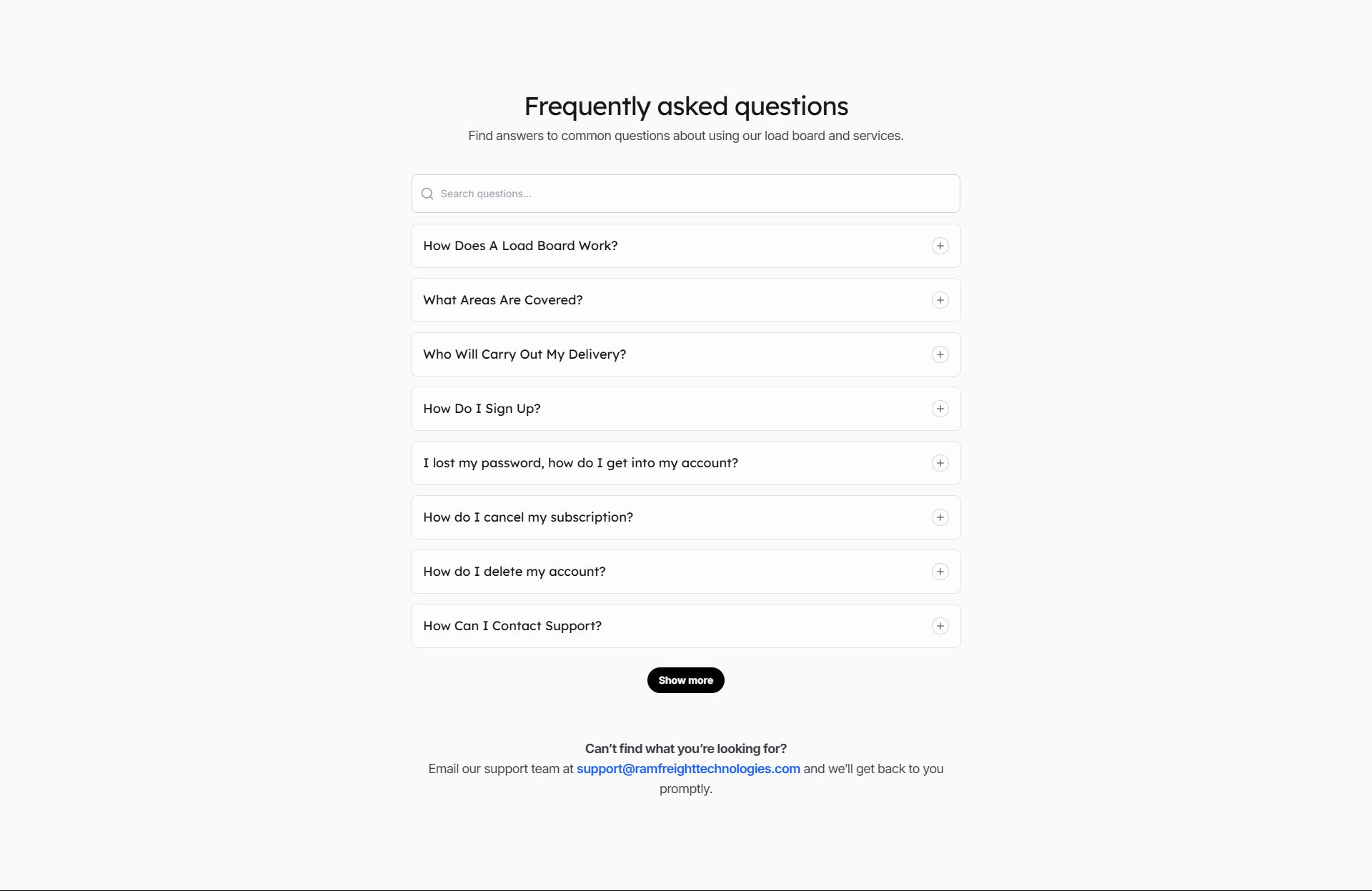 The Frequently Asked Questions (FAQ) section with expandable dropdowns and support email contact details.